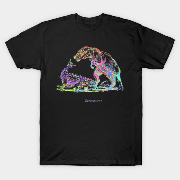 Gorgosaurus Rainbow Confetti Fight with Rex T-Shirt by MacSquiddles